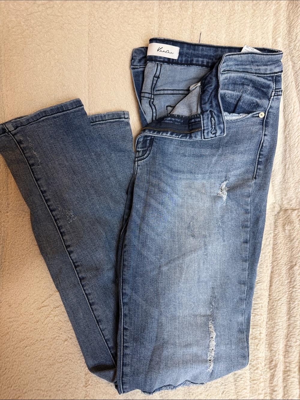 KanCan Women's Faded Blue Boyfriend Jeans with Light Distressing